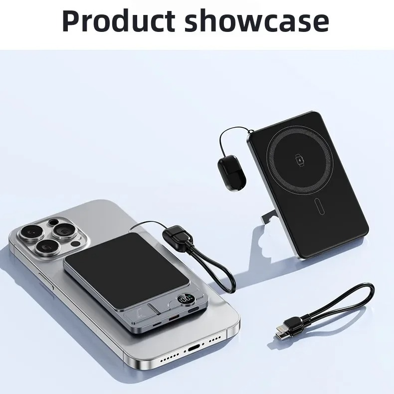 Premium 3-in-1 Magnetic Wireless Power Bank with Metal Stand, Fast Charging, Digital Display, Built-In Cables, Ultra-Thin Portable Battery Pack