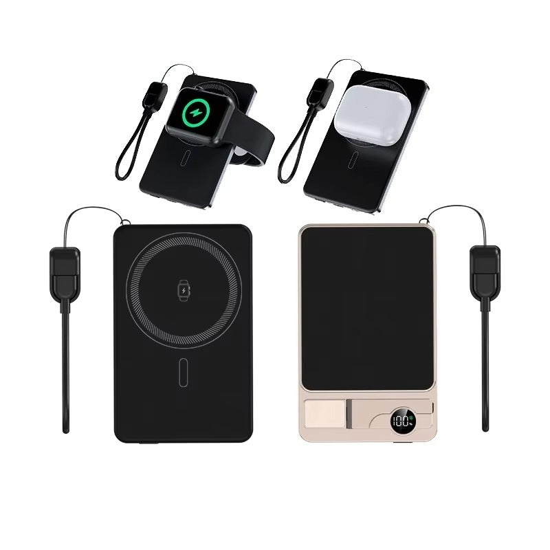 Premium 3-in-1 Magnetic Wireless Power Bank with Metal Stand, Fast Charging, Digital Display, Built-In Cables, Ultra-Thin Portable Battery Pack