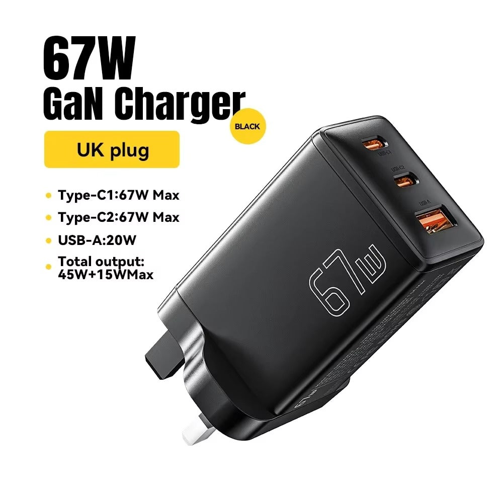 Premium 67W GaN Fast Charging Wall Charger with USB-C & USB Ports, PD Quick Charge Technology, Portable Travel Charger for Multiple Devices