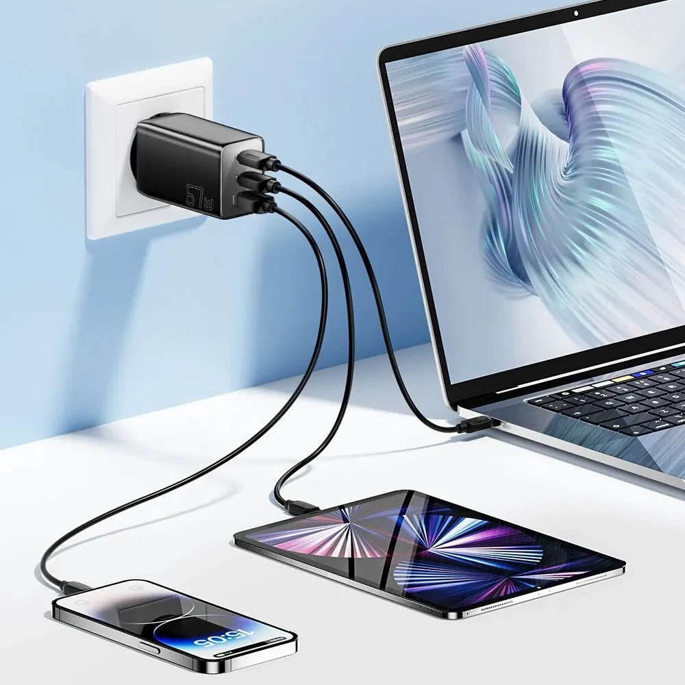 Premium 67W GaN Fast Charging Wall Charger with USB-C & USB Ports, PD Quick Charge Technology, Portable Travel Charger for Multiple Devices