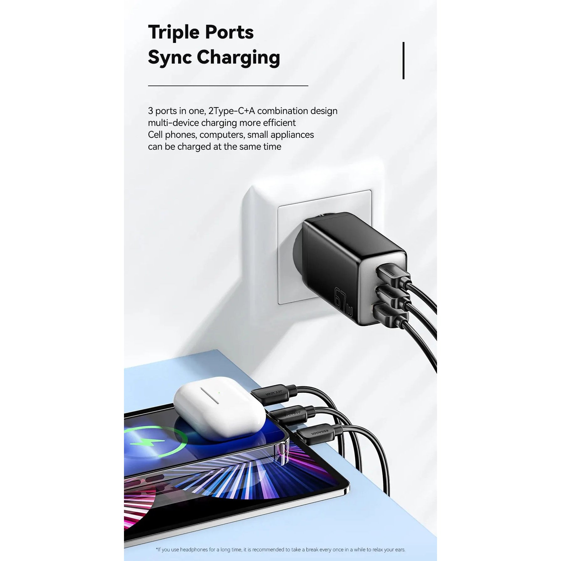Premium 67W GaN Fast Charging Wall Charger with USB-C & USB Ports, PD Quick Charge Technology, Portable Travel Charger for Multiple Devices