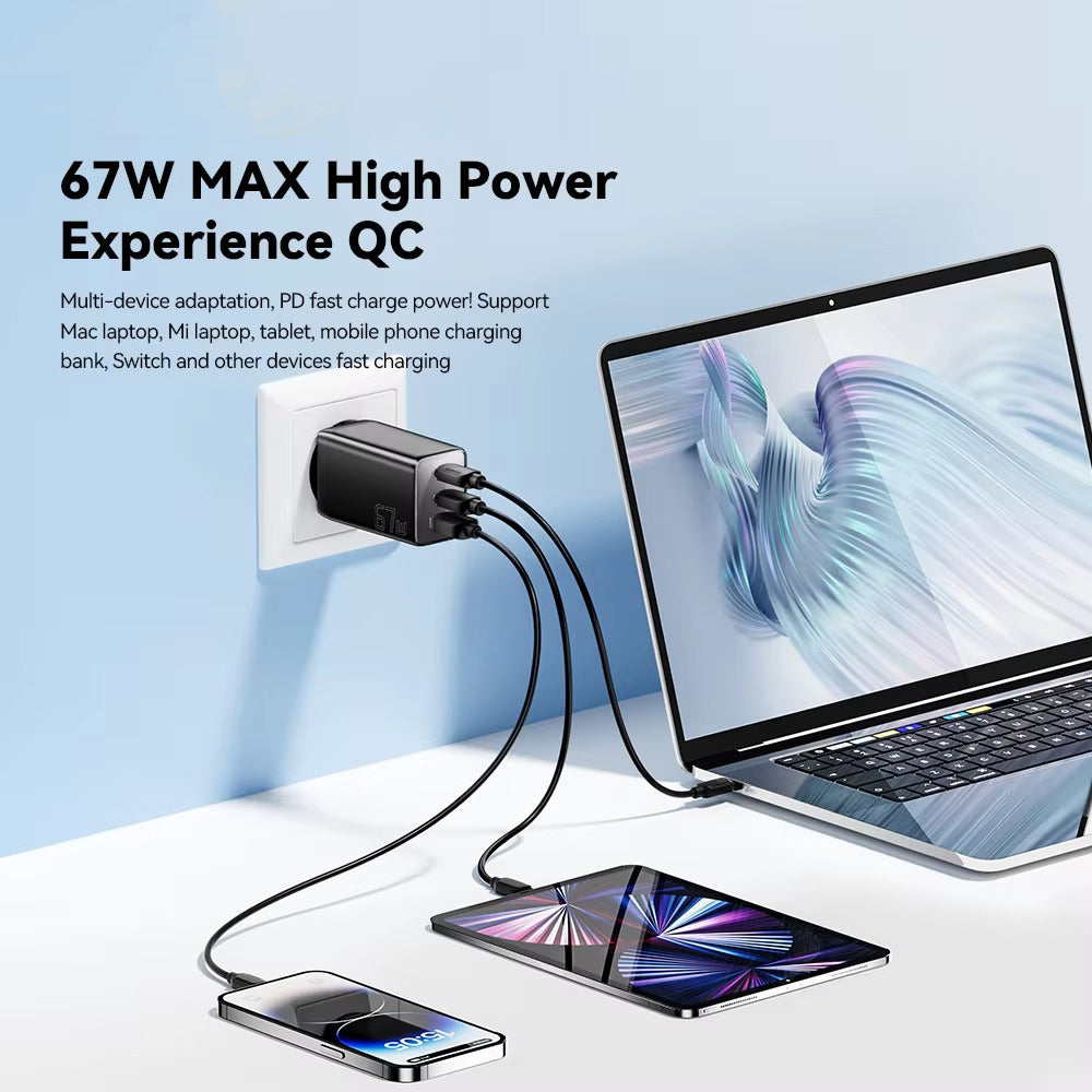 Premium 67W GaN Fast Charging Wall Charger with USB-C & USB Ports, PD Quick Charge Technology, Portable Travel Charger for Multiple Devices