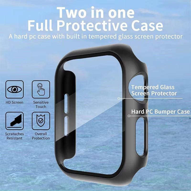 Premium Apple Watch Glass Case & Screen Protector Cover, Full Protection Housing for Series Watches 38mm–45mm