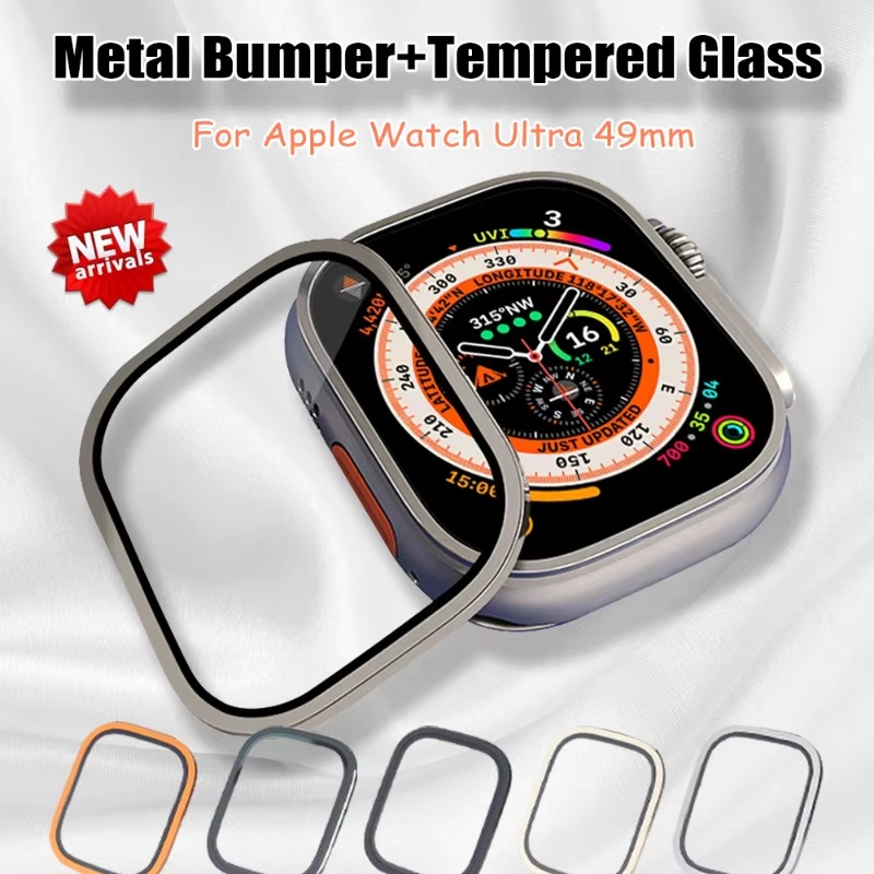 Premium Apple Watch Ultra 49mm Metal Bumper Case with Tempered Glass Screen Protector, Aluminum Alloy Full Protection Cover