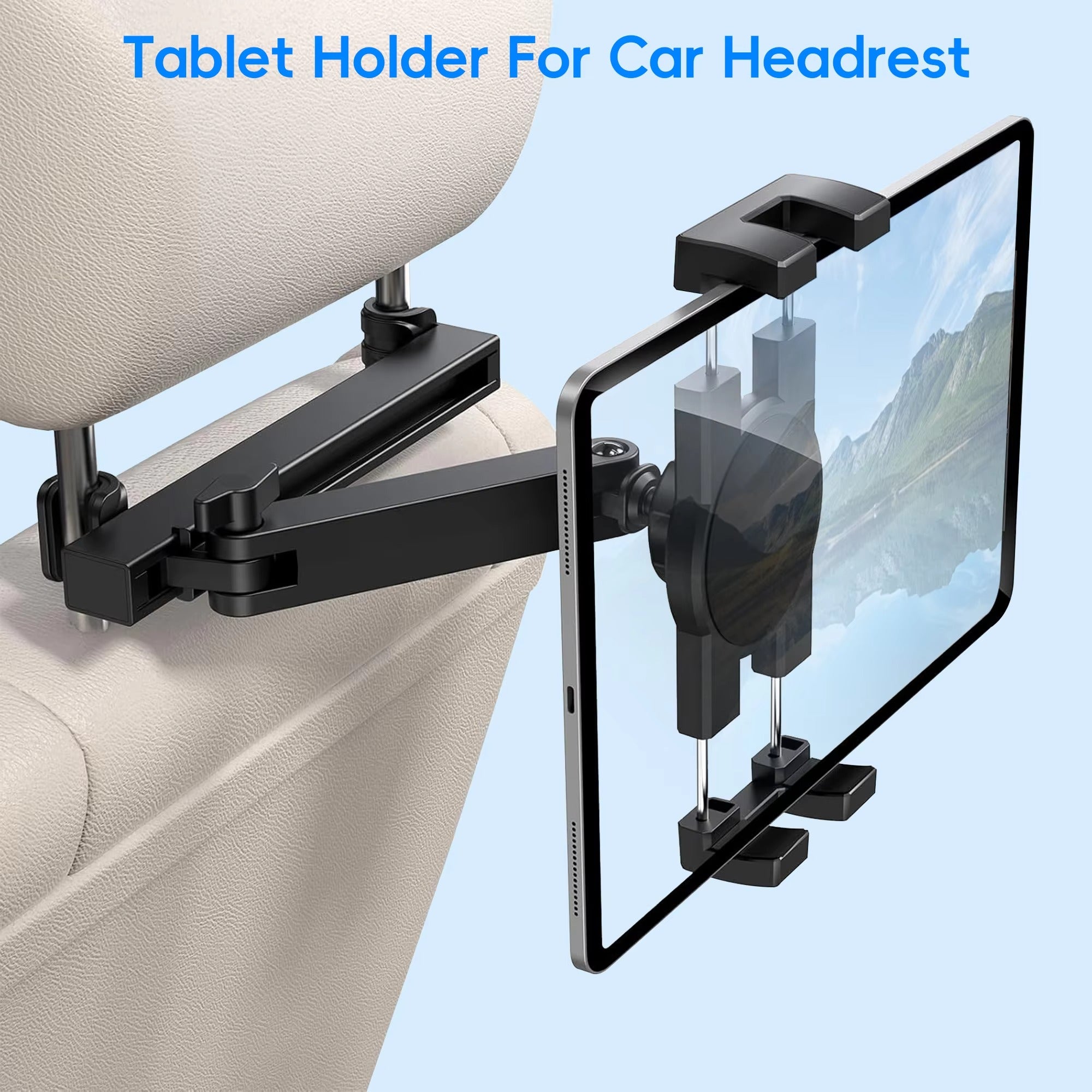 Premium Backseat Tablet & Phone Holder with Adjustable Headrest Installation, Stretchable Hands-Free Car Mount for Passengers