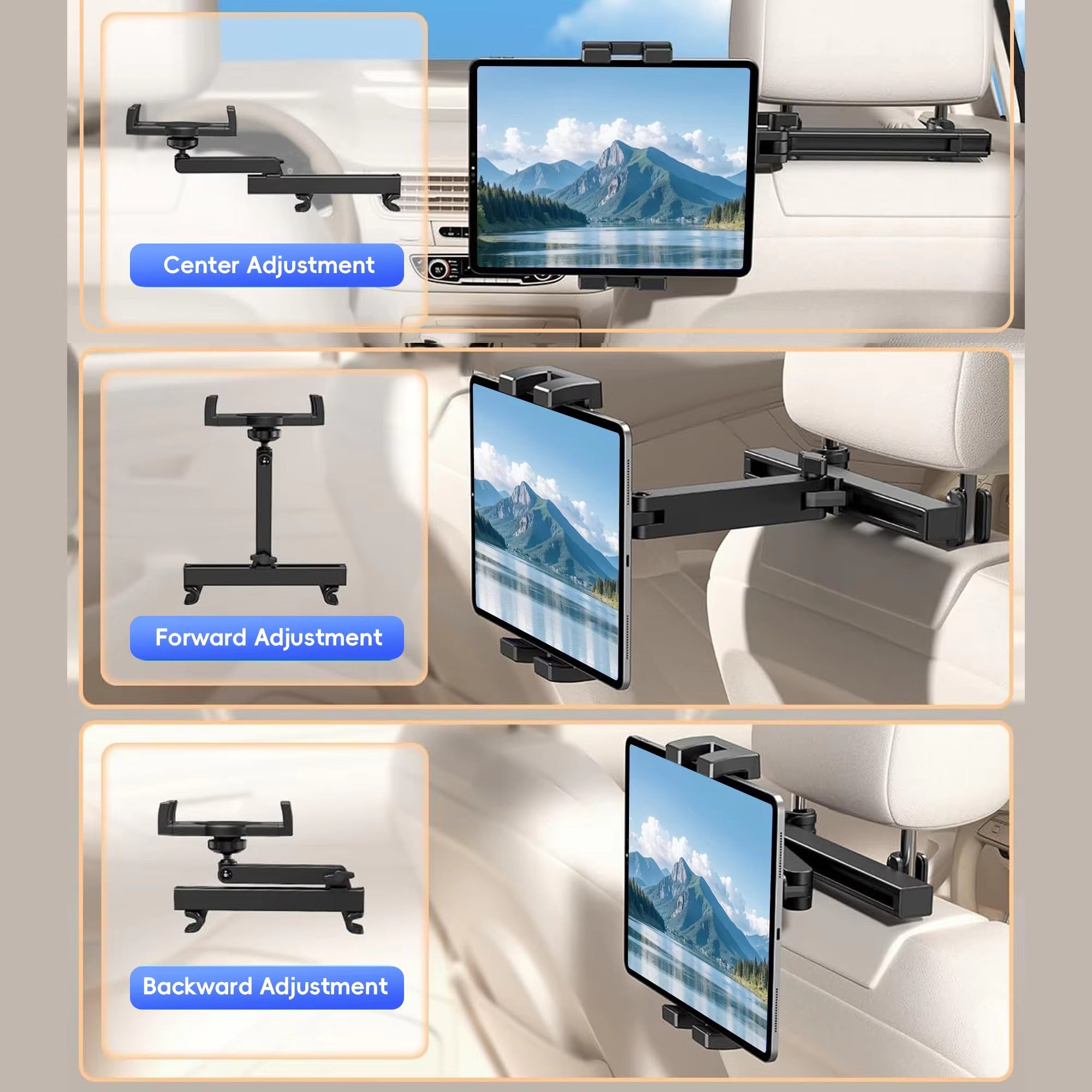 Premium Backseat Tablet & Phone Holder with Adjustable Headrest Installation, Stretchable Hands-Free Car Mount for Passengers