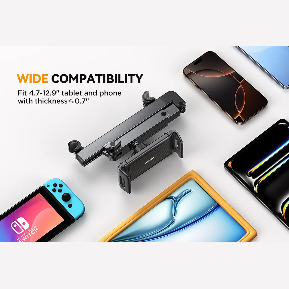Premium Backseat Tablet & Phone Holder with Adjustable Headrest Installation, Stretchable Hands-Free Car Mount for Passengers