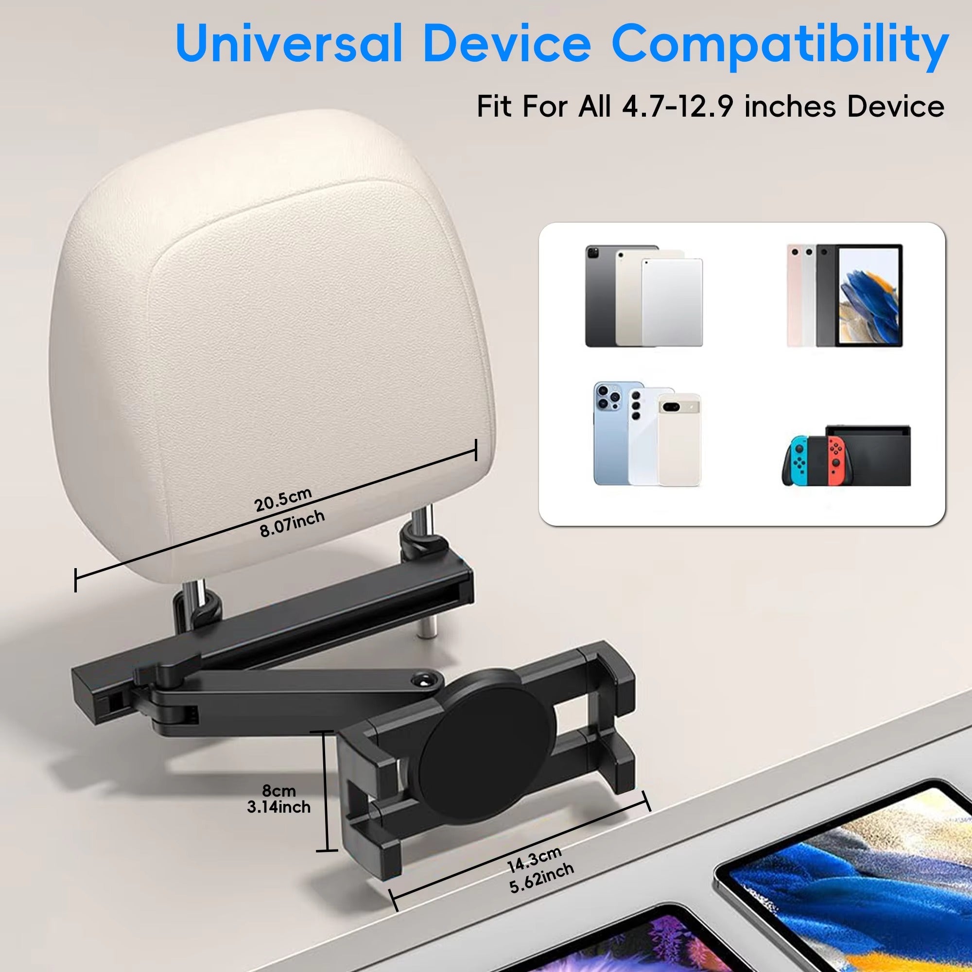 Premium Backseat Tablet & Phone Holder with Adjustable Headrest Installation, Stretchable Hands-Free Car Mount for Passengers