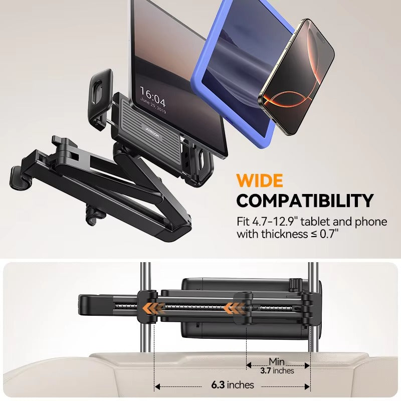Premium Backseat Tablet & Phone Holder with Adjustable Headrest Installation, Stretchable Hands-Free Car Mount for Passengers