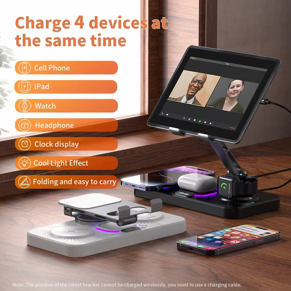 Premium iPhone 4-in-1 Foldable Wireless Charging Station, 15W Magnetic Fast-Charge Stand for Phone, Watch & Earbuds with LED Indicator