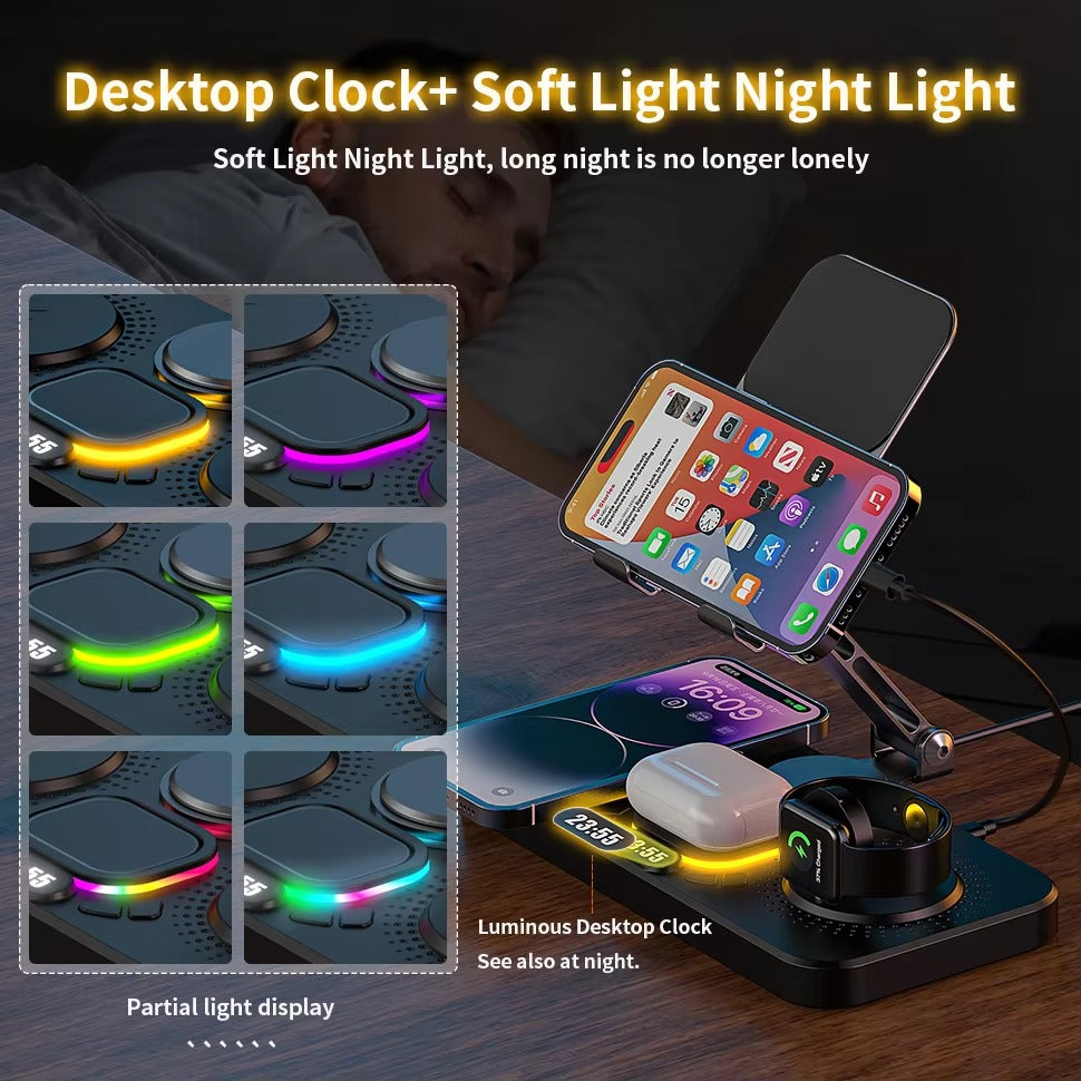 Premium iPhone 4-in-1 Foldable Wireless Charging Station, 15W Magnetic Fast-Charge Stand for Phone, Watch & Earbuds with LED Indicator