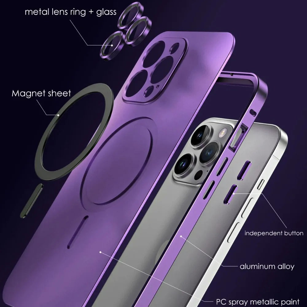 Premium iPhone Case Magnetic Aluminum Metal Frame — PC Backboard Hard Cover, MagSafe Wireless Charging Compatible, Shockproof Matte Anti-Fingerprint Design