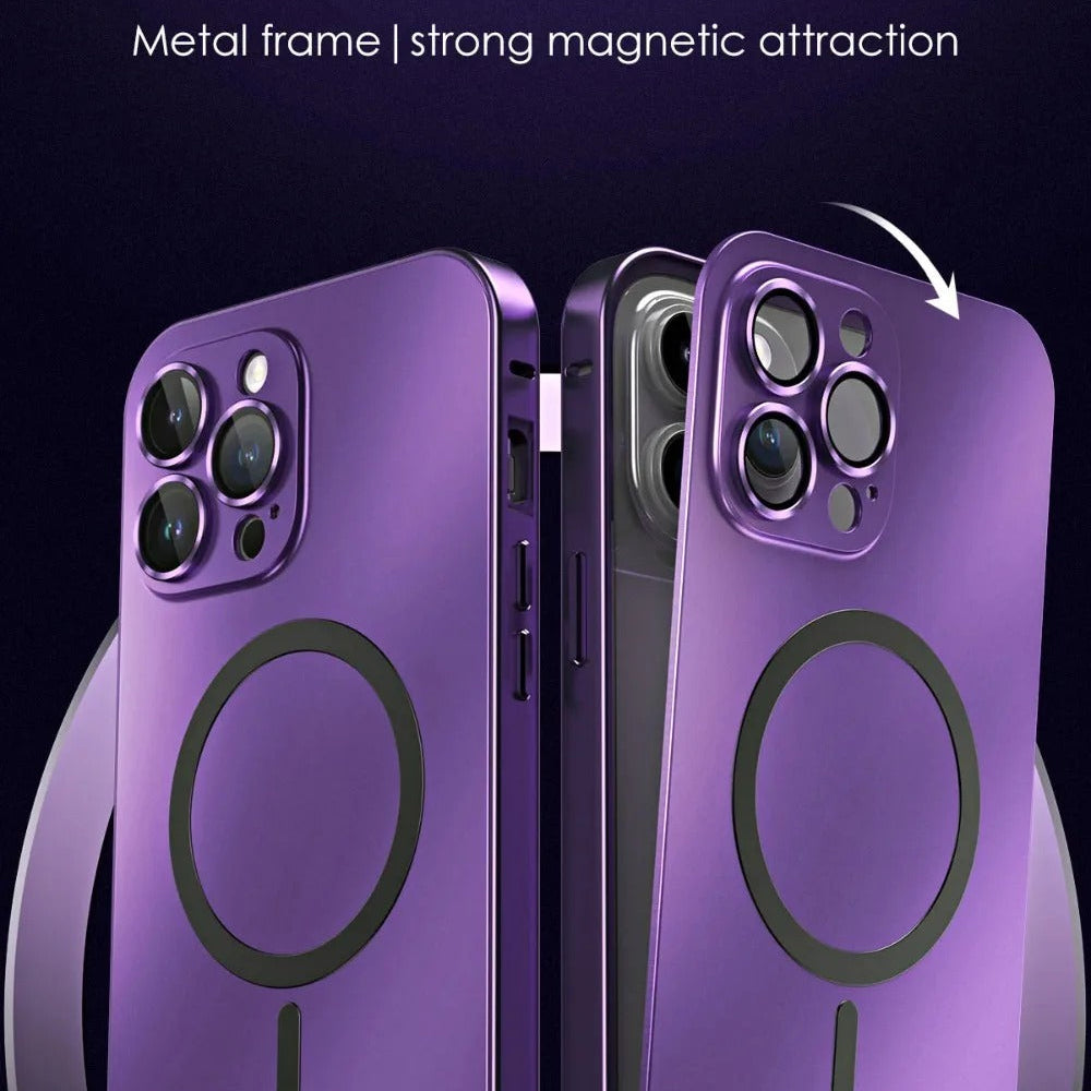 Premium iPhone Case Magnetic Aluminum Metal Frame — PC Backboard Hard Cover, MagSafe Wireless Charging Compatible, Shockproof Matte Anti-Fingerprint Design