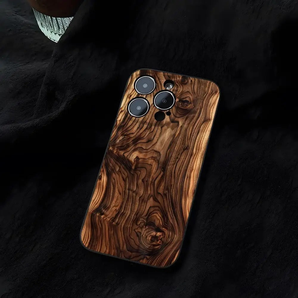 Premium iPhone Case Natural Wood Back Cover — Slim Silicone Frame, Lightweight Full Coverage Design, Stylish Shock-Resistant Protection with Smooth Finish
