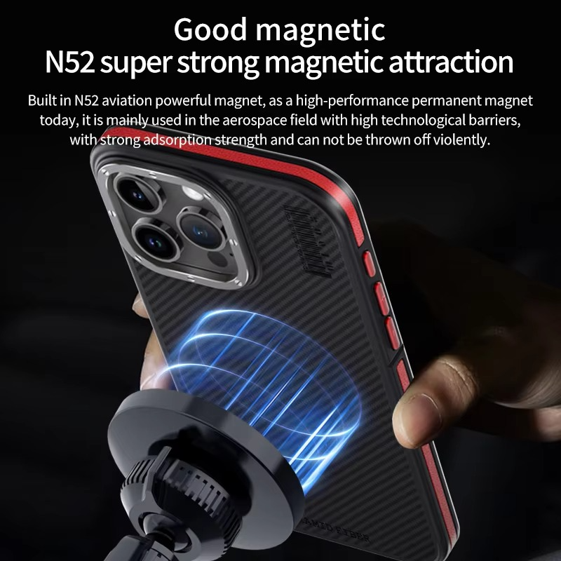 Premium iPhone Case — 600D Kevlar Series Magnetic Cover with Metal Camera Ring, Shockproof Half-Wrapped PC+TPU Design & MagSafe Compatibility