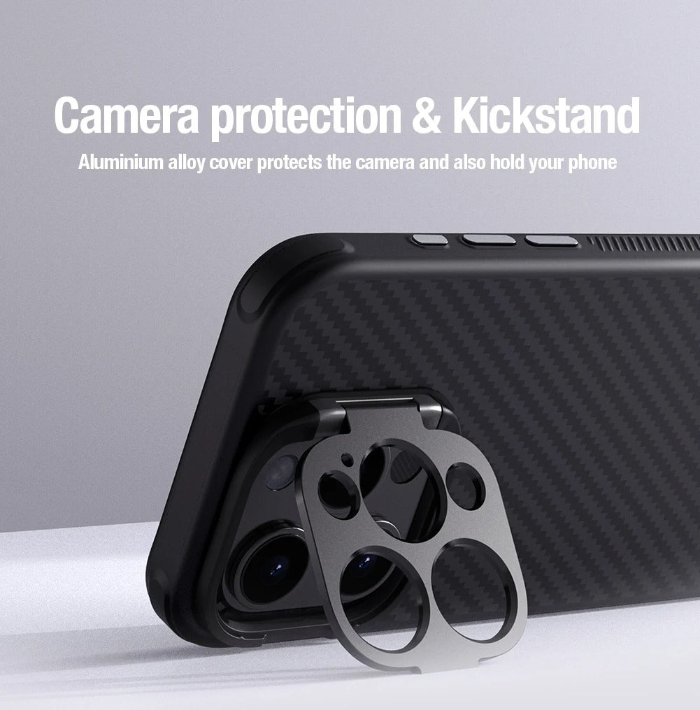 Premium iPhone Case — Aramid Fiber Kevlar 600D Half-Wrapped Cover with MagSafe, Invisible Camera Ring Stand, Shockproof Anti-Fingerprint Design