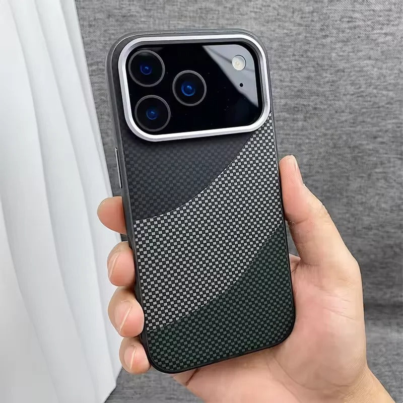 Premium iPhone Case — Carbon Fiber Texture MagSafe Armor Cover with Alloy Lens Protection, Shockproof Non-Slip Full-Coverage PC Design