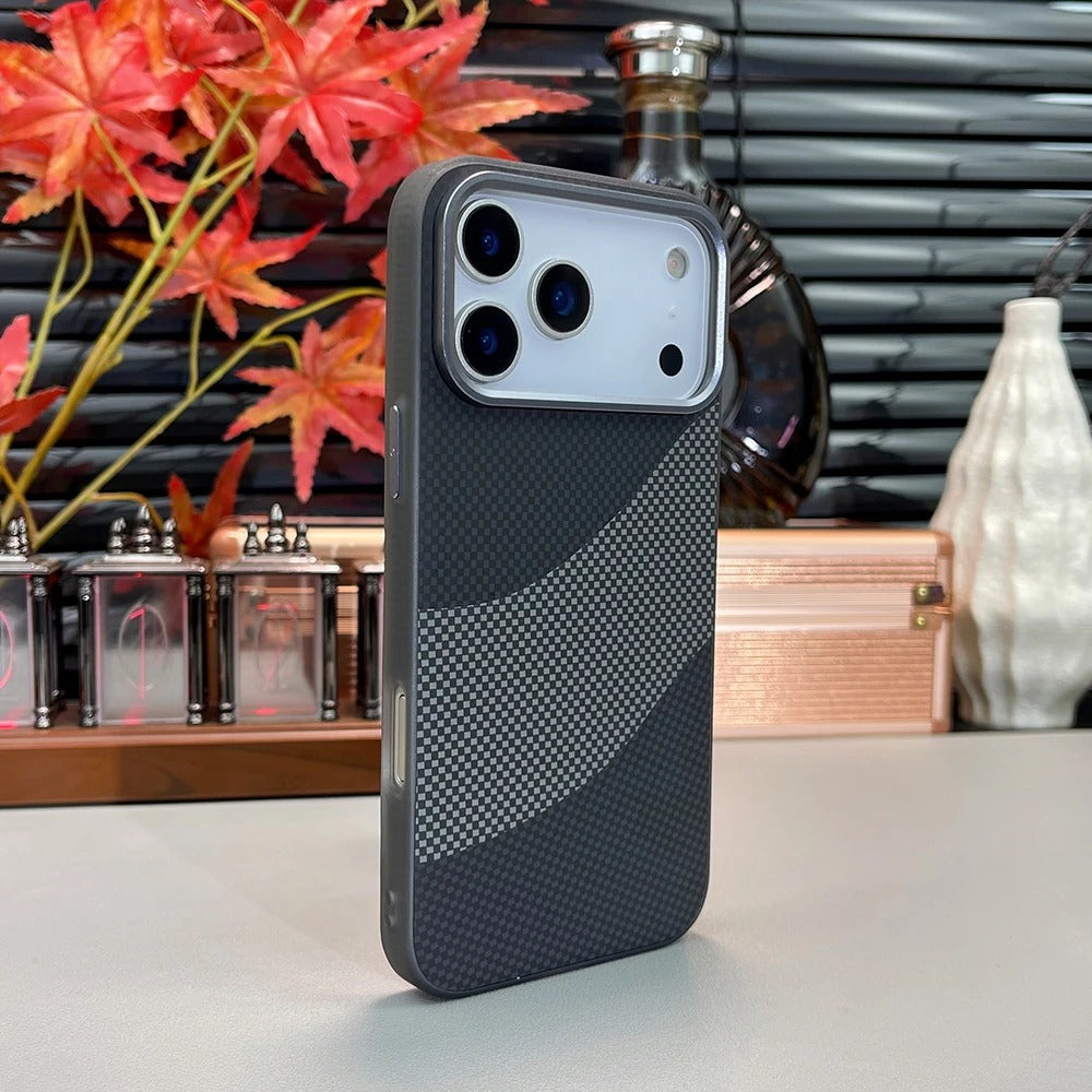 Premium iPhone Case — Carbon Fiber Texture MagSafe Armor Cover with Alloy Lens Protection, Shockproof Non-Slip Full-Coverage PC Design