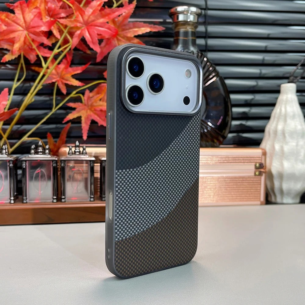Premium iPhone Case — Carbon Fiber Texture MagSafe Armor Cover with Alloy Lens Protection, Shockproof Non-Slip Full-Coverage PC Design
