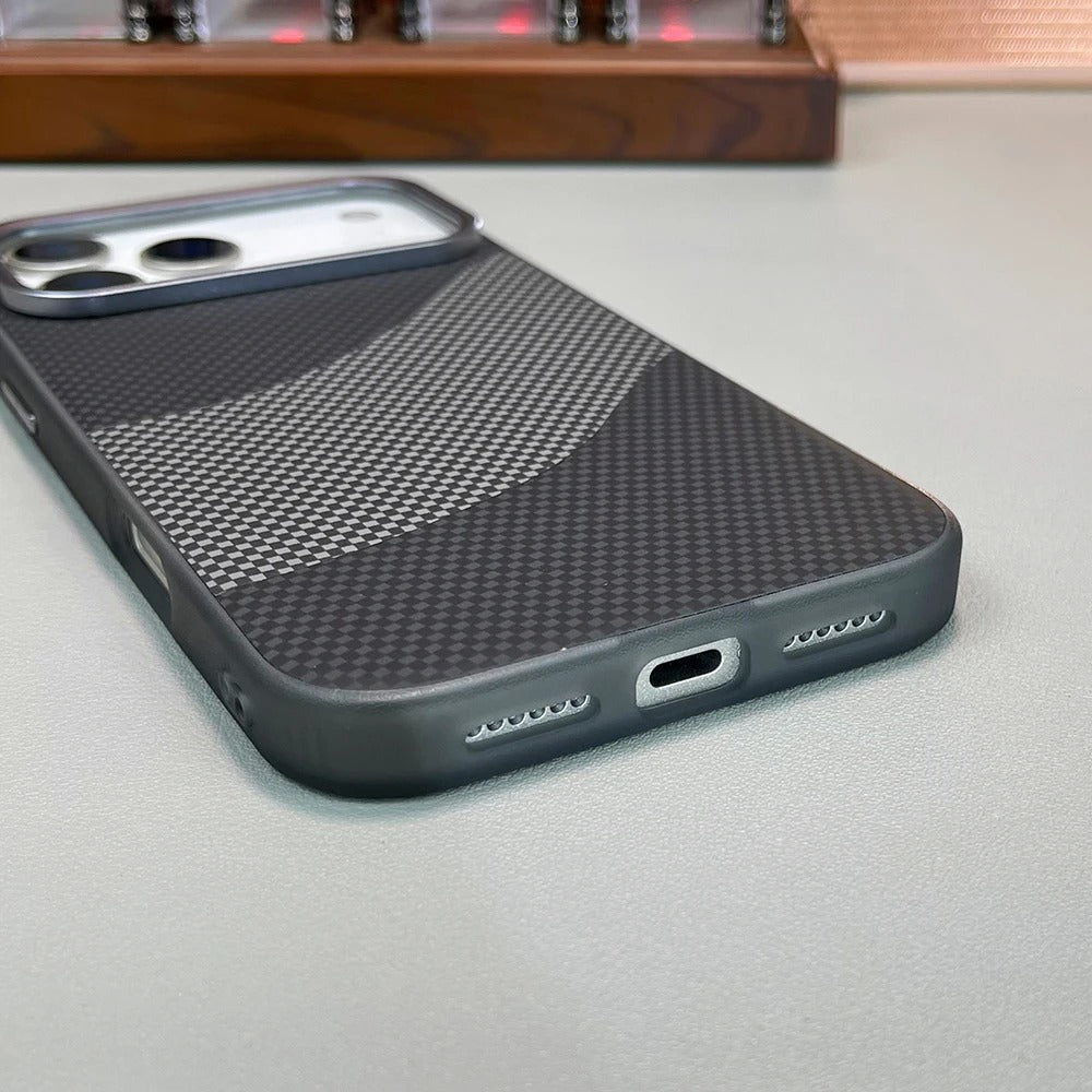 Premium iPhone Case — Carbon Fiber Texture MagSafe Armor Cover with Alloy Lens Protection, Shockproof Non-Slip Full-Coverage PC Design