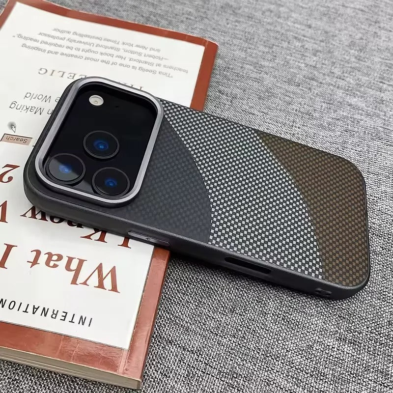 Premium iPhone Case — Carbon Fiber Texture MagSafe Armor Cover with Alloy Lens Protection, Shockproof Non-Slip Full-Coverage PC Design
