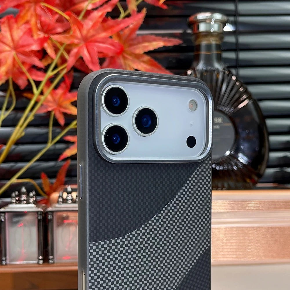 Premium iPhone Case — Carbon Fiber Texture MagSafe Armor Cover with Alloy Lens Protection, Shockproof Non-Slip Full-Coverage PC Design