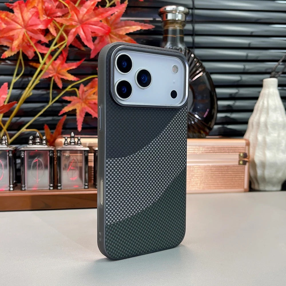 Premium iPhone Case — Carbon Fiber Texture MagSafe Armor Cover with Alloy Lens Protection, Shockproof Non-Slip Full-Coverage PC Design