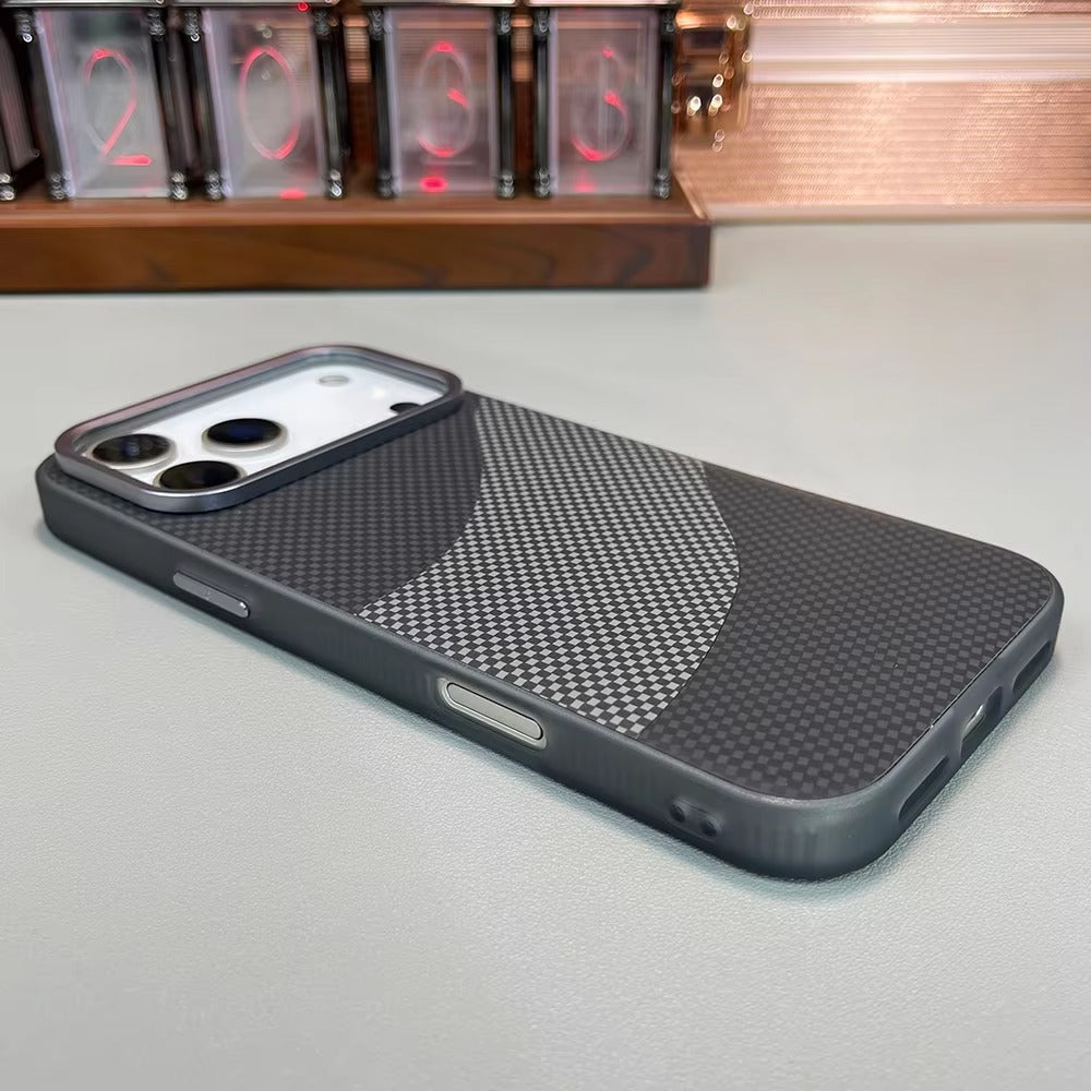 Premium iPhone Case — Carbon Fiber Texture MagSafe Armor Cover with Alloy Lens Protection, Shockproof Non-Slip Full-Coverage PC Design