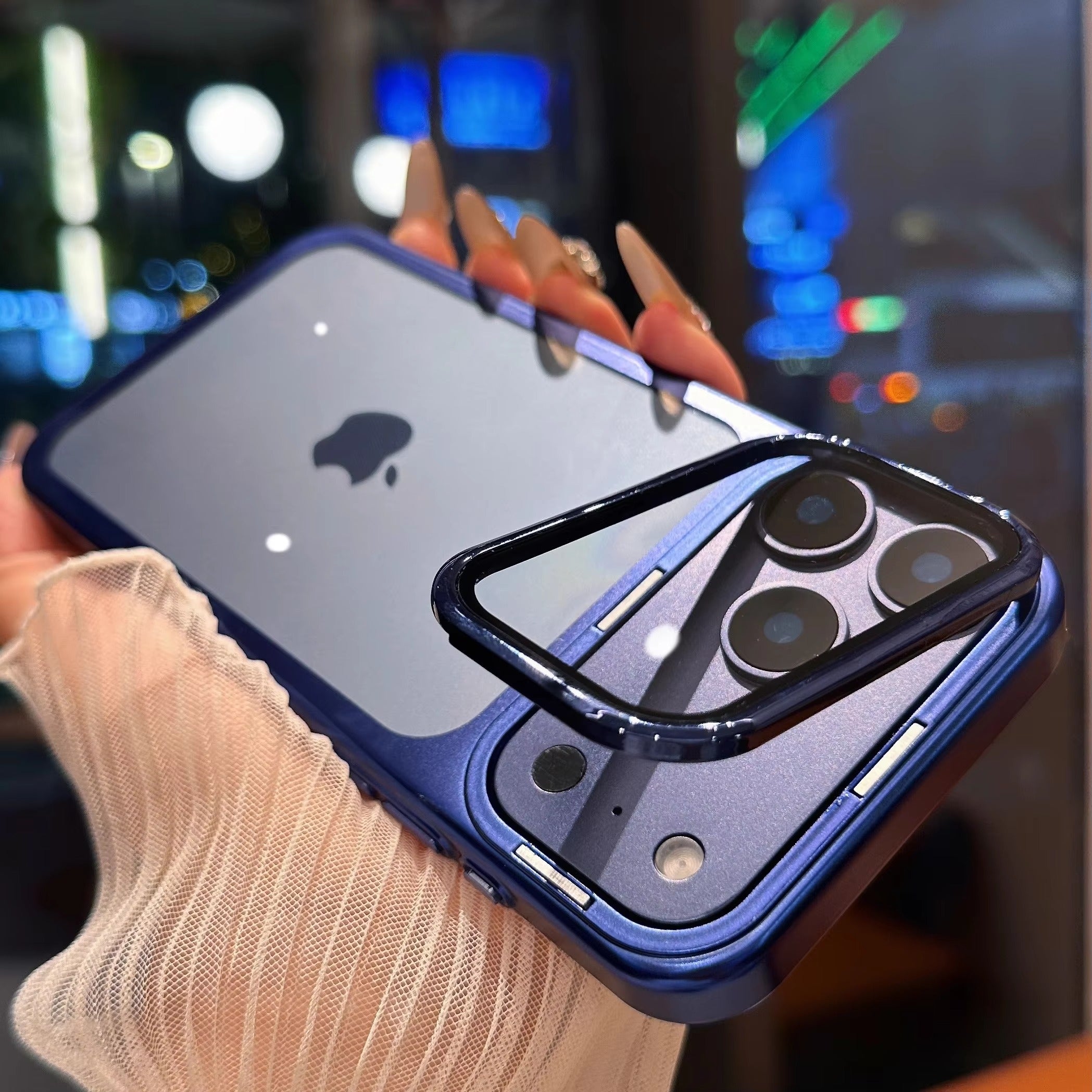 Premium iPhone Case — Plating Transparent Ultra-Thin PC Cover with Fold-Glass Camera Bracket, Full Lens Protection and Shockproof Anti-Fingerprint Design