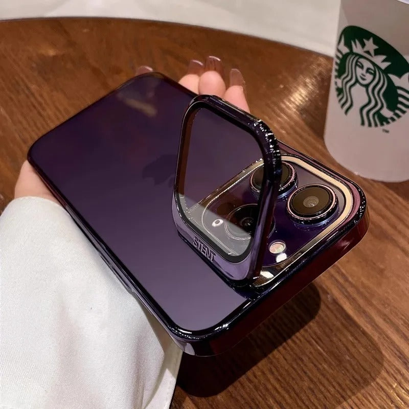 Premium iPhone Case — Plating Transparent Ultra-Thin PC Cover with Fold-Glass Camera Bracket, Full Lens Protection and Shockproof Anti-Fingerprint Design