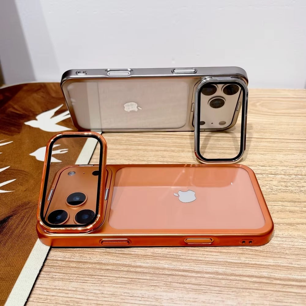 Premium iPhone Case — Plating Transparent Ultra-Thin PC Cover with Fold-Glass Camera Bracket, Full Lens Protection and Shockproof Anti-Fingerprint Design