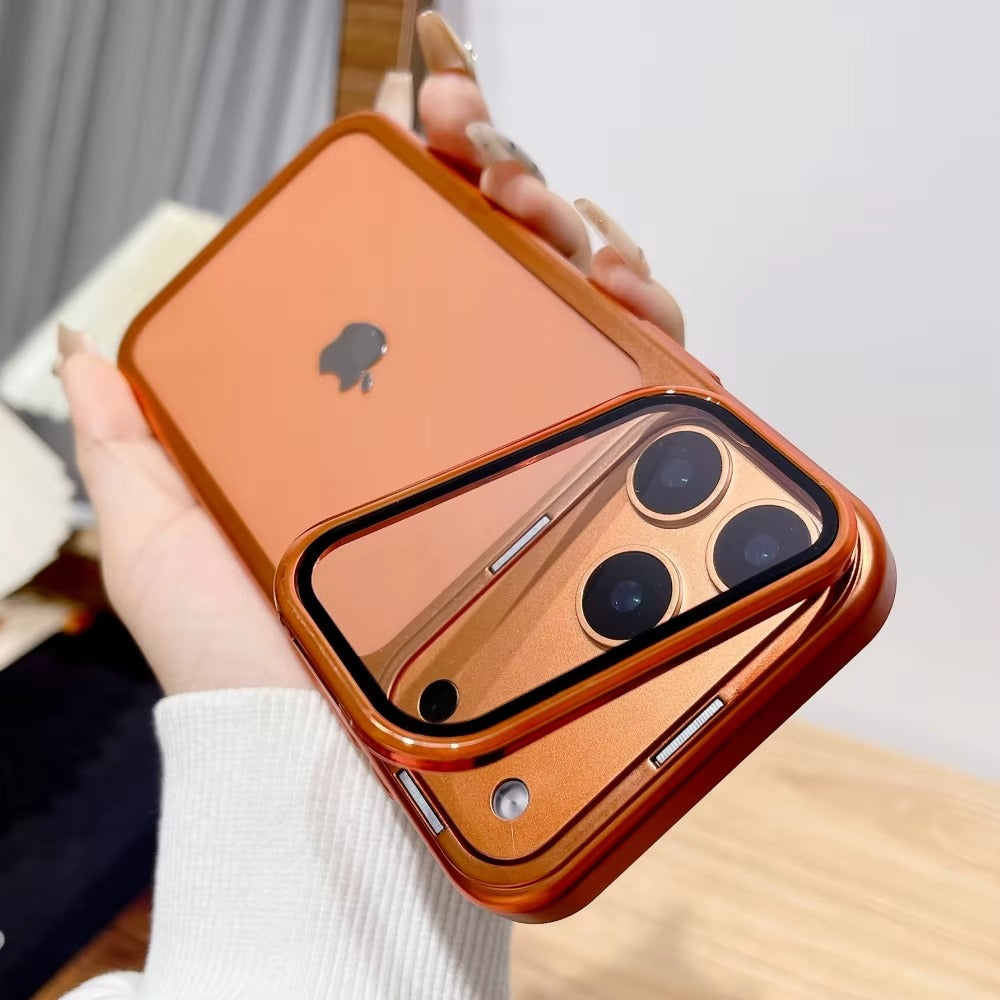 Premium iPhone Case — Plating Transparent Ultra-Thin PC Cover with Fold-Glass Camera Bracket, Full Lens Protection and Shockproof Anti-Fingerprint Design
