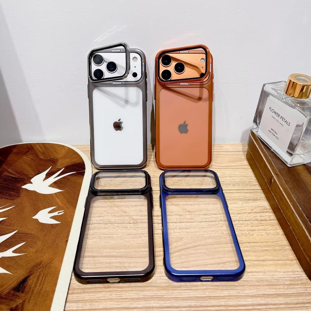 Premium iPhone Case — Plating Transparent Ultra-Thin PC Cover with Fold-Glass Camera Bracket, Full Lens Protection and Shockproof Anti-Fingerprint Design