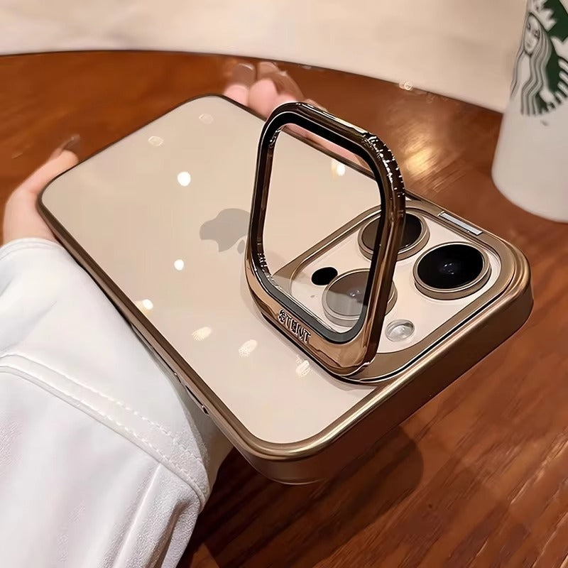 Premium iPhone Case — Plating Transparent Ultra-Thin PC Cover with Fold-Glass Camera Bracket, Full Lens Protection and Shockproof Anti-Fingerprint Design