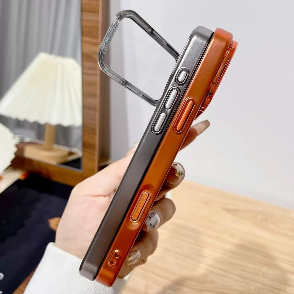 Premium iPhone Case — Plating Transparent Ultra-Thin PC Cover with Fold-Glass Camera Bracket, Full Lens Protection and Shockproof Anti-Fingerprint Design