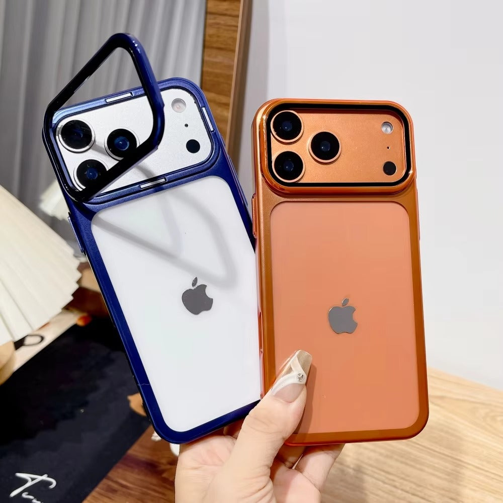 Premium iPhone Case — Plating Transparent Ultra-Thin PC Cover with Fold-Glass Camera Bracket, Full Lens Protection and Shockproof Anti-Fingerprint Design
