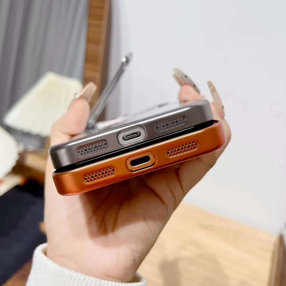 Premium iPhone Case — Plating Transparent Ultra-Thin PC Cover with Fold-Glass Camera Bracket, Full Lens Protection and Shockproof Anti-Fingerprint Design