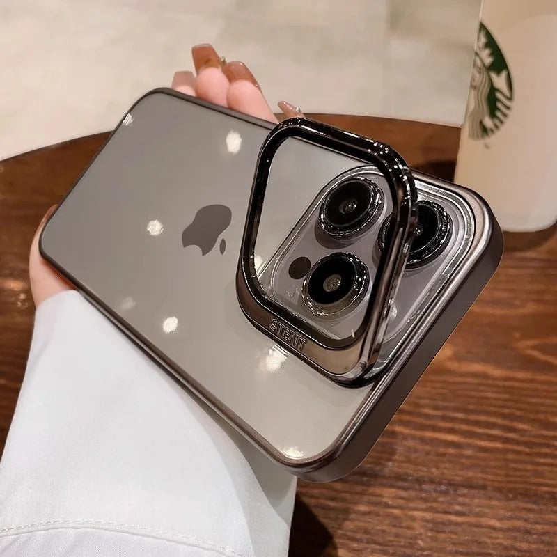 Premium iPhone Case — Plating Transparent Ultra-Thin PC Cover with Fold-Glass Camera Bracket, Full Lens Protection and Shockproof Anti-Fingerprint Design