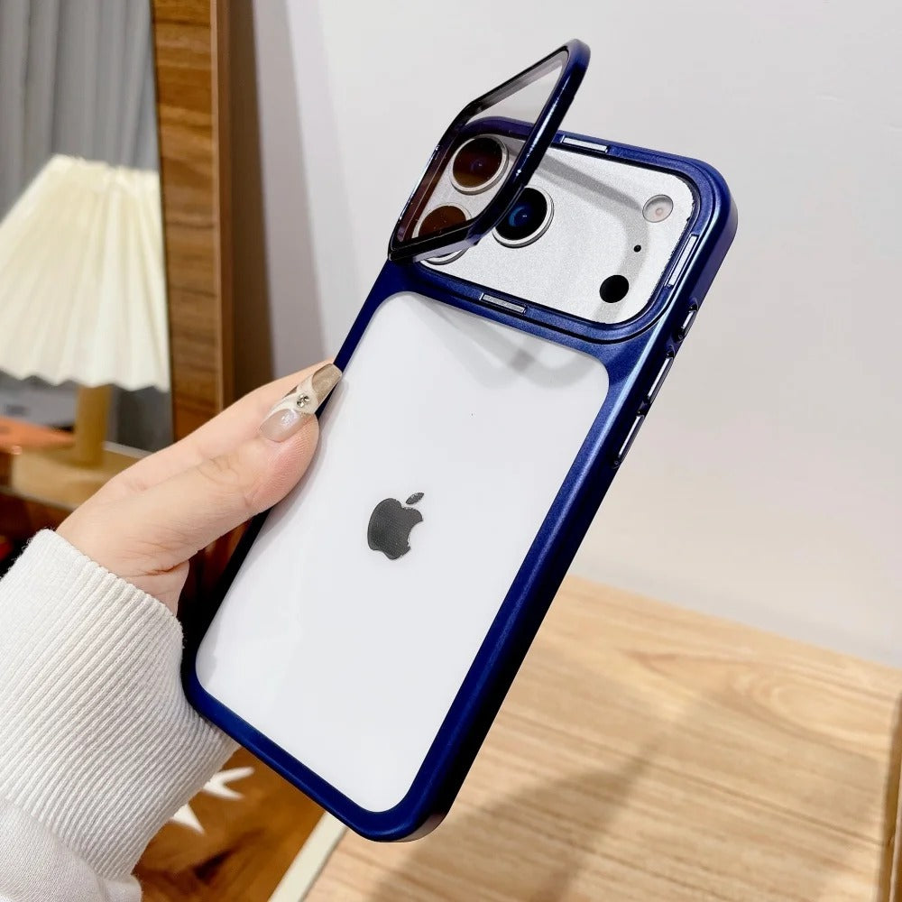 Premium iPhone Case — Plating Transparent Ultra-Thin PC Cover with Fold-Glass Camera Bracket, Full Lens Protection and Shockproof Anti-Fingerprint Design