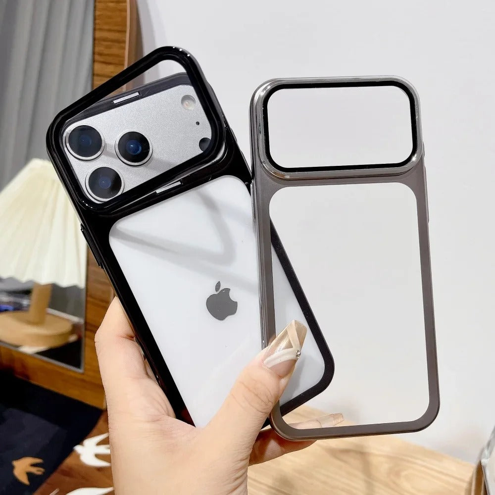 Premium iPhone Case — Plating Transparent Ultra-Thin PC Cover with Fold-Glass Camera Bracket, Full Lens Protection and Shockproof Anti-Fingerprint Design