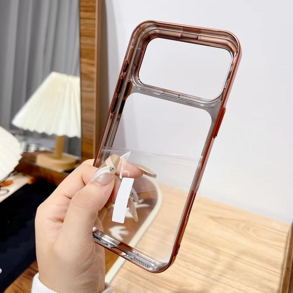Premium iPhone Case — Plating Transparent Ultra-Thin PC Cover with Fold-Glass Camera Bracket, Full Lens Protection and Shockproof Anti-Fingerprint Design