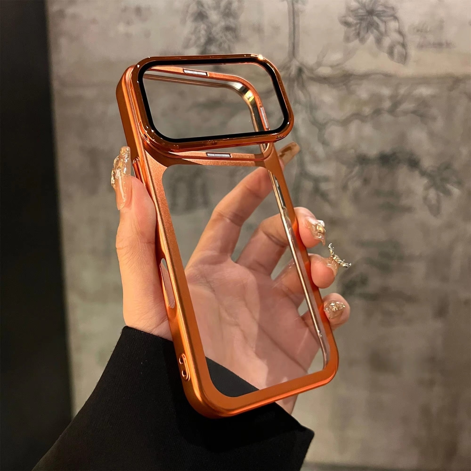 Premium iPhone Case — Plating Transparent Ultra-Thin PC Cover with Fold-Glass Camera Bracket, Full Lens Protection and Shockproof Anti-Fingerprint Design