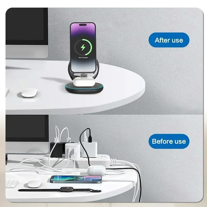 Premium iPhone MagSafe 3-in-1 Magnetic Wireless Charger Stand, Fast Charging Station for Phone, Watch & Earbuds with Type-C Power Input