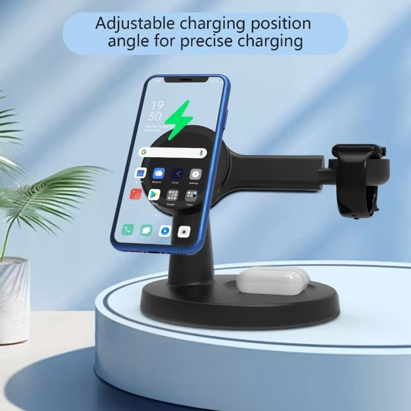 Premium iPhone MagSafe 3-in-1 Magnetic Wireless Charger Stand, Fast Charging Station for Phone, Watch & Earbuds with Type-C Power Input