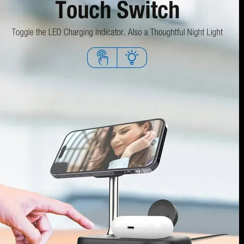Premium iPhone MagSafe 3-in-1 Magnetic Wireless Charger Stand, Fast Charging Station for Phone, Watch & Earbuds with Type-C Power Input
