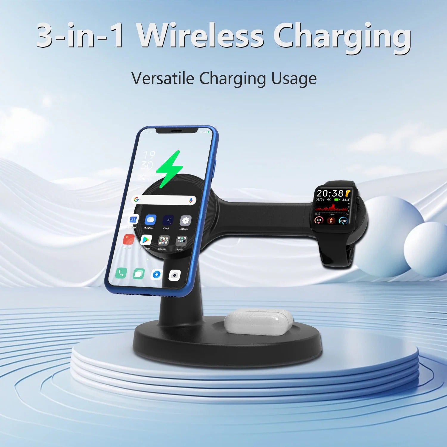 Premium iPhone MagSafe 3-in-1 Magnetic Wireless Charger Stand, Fast Charging Station for Phone, Watch & Earbuds with Type-C Power Input