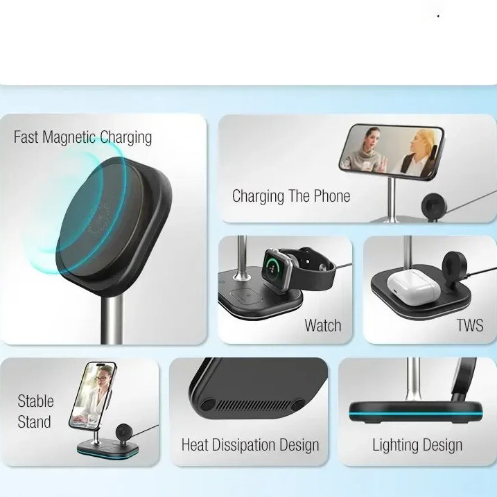 Premium iPhone MagSafe 3-in-1 Magnetic Wireless Charger Stand, Fast Charging Station for Phone, Watch & Earbuds with Type-C Power Input