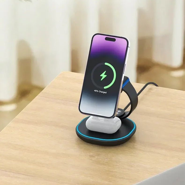Premium iPhone MagSafe 3-in-1 Magnetic Wireless Charger Stand, Fast Charging Station for Phone, Watch & Earbuds with Type-C Power Input