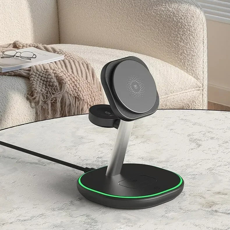 Premium iPhone MagSafe 3-in-1 Magnetic Wireless Charger Stand, Fast Charging Station for Phone, Watch & Earbuds with Type-C Power Input
