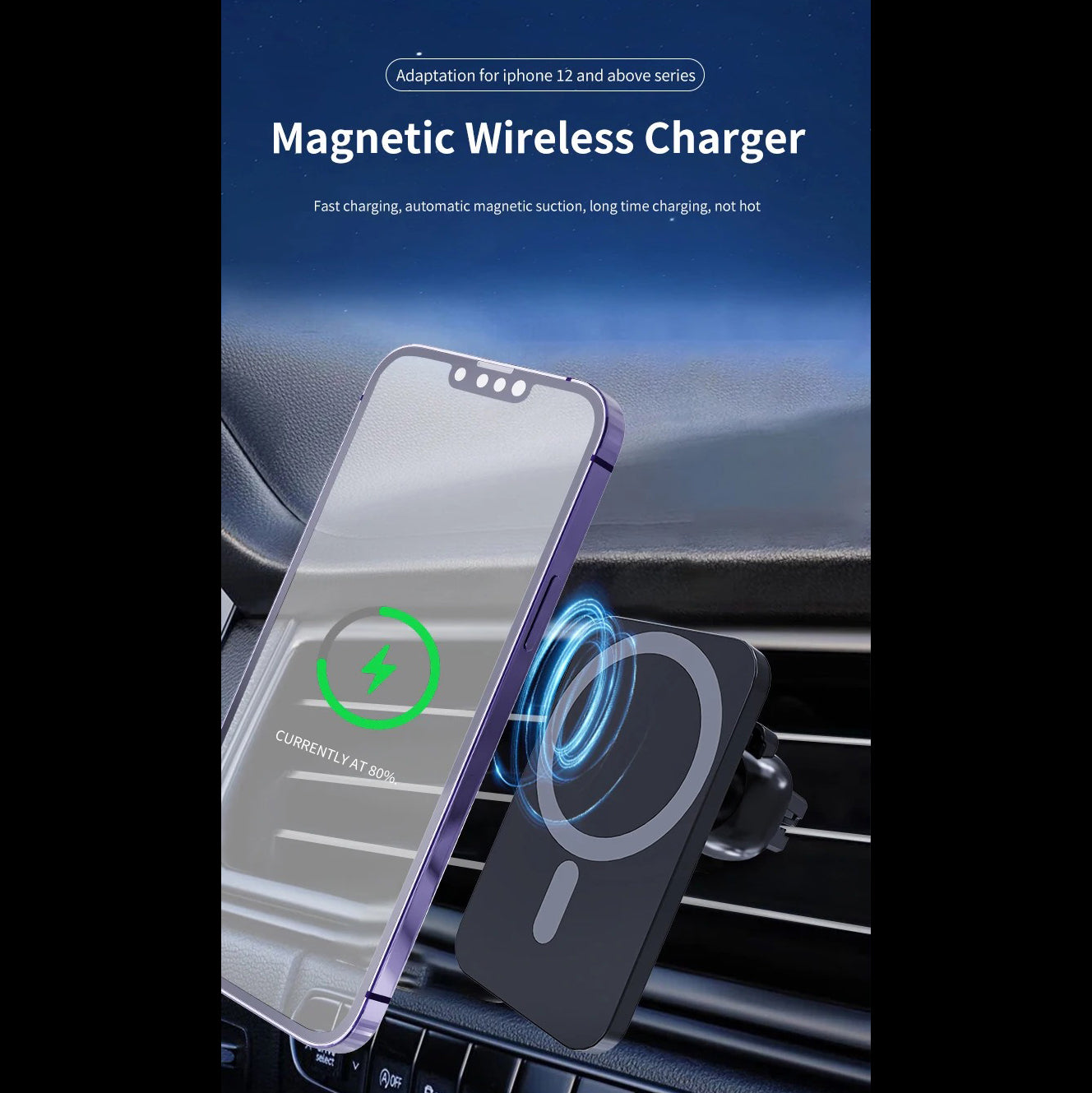 Premium iPhone MagSafe Magnetic Car Wireless Charger, Fast Charging Phone Mount with 360° Rotation, Air Vent Holder & Type-C Input